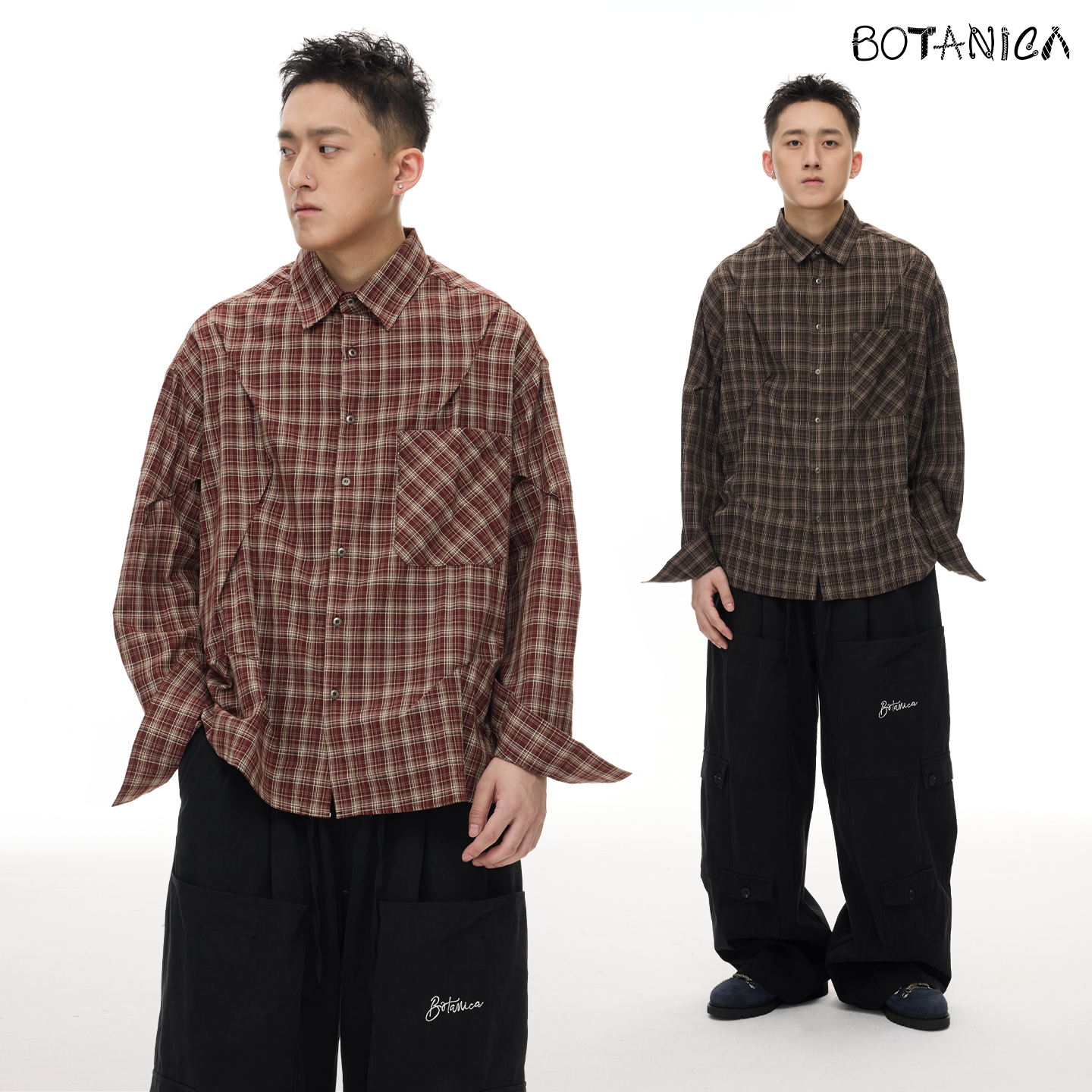 Botanica美式复古褶皱格纹慵懒衬衫中性风美拉德oversize长袖上衣