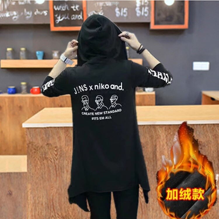 中长款加绒加厚风衣外套无扣长袖连帽开衫日系潮牌卫衣FY01-P20图片
