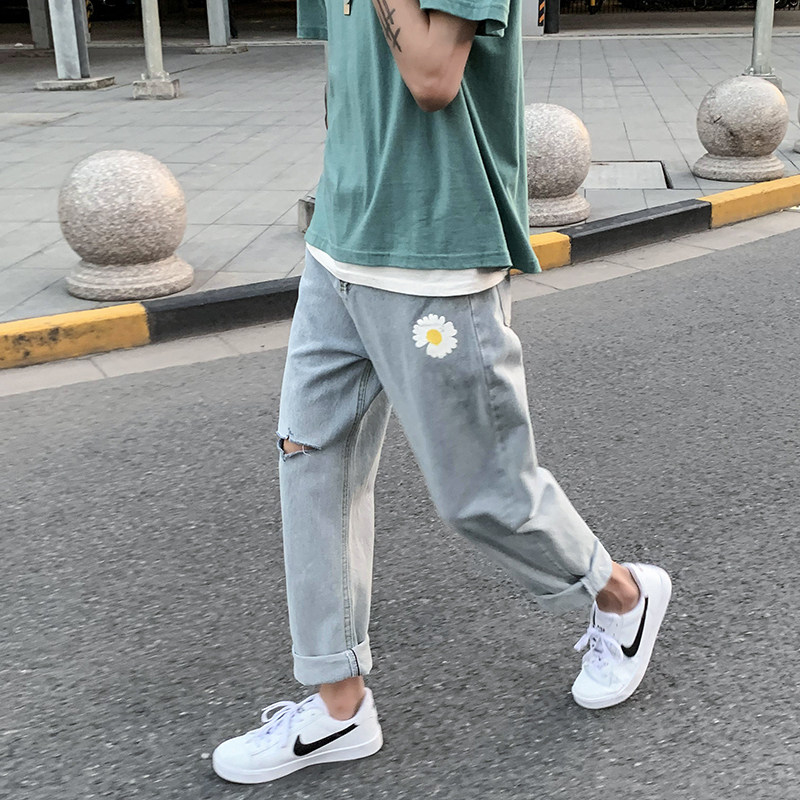 牛仔裤男小雏菊九分痞帅直筒宽松老爹裤阔腿裤子KK99-P35图片