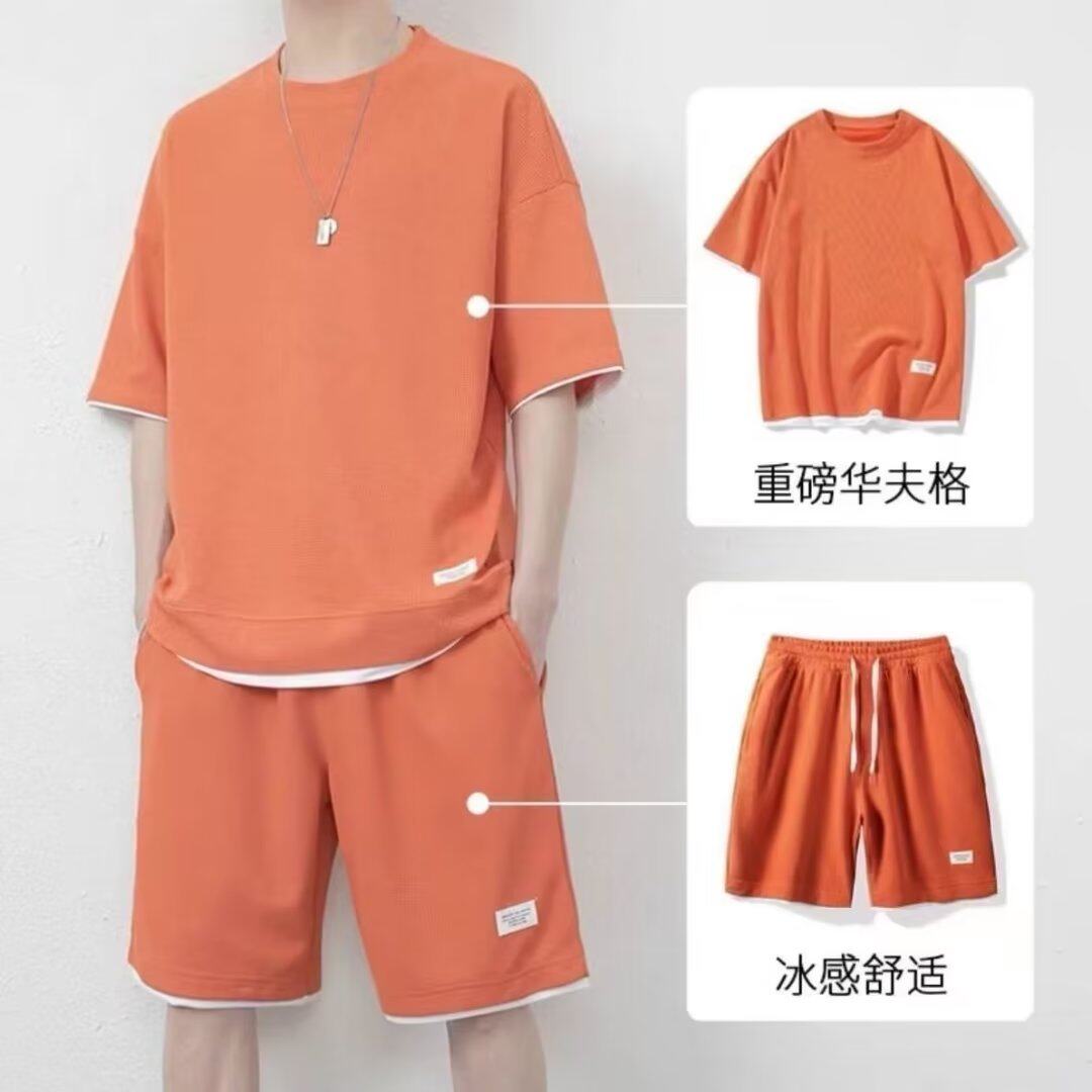 夏季新款青年男士休闲运动套装五分裤潮华夫格套装男大码TZ01-P23图片