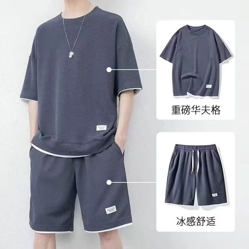 夏季新款青年男士休闲运动套装五分裤潮华夫格套装男大码TZ01-P23,男装休闲套装,星座1703A