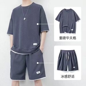 夏季新款青年男士休闲运动套装五分裤潮华夫格套装男大码TZ01-P23图片