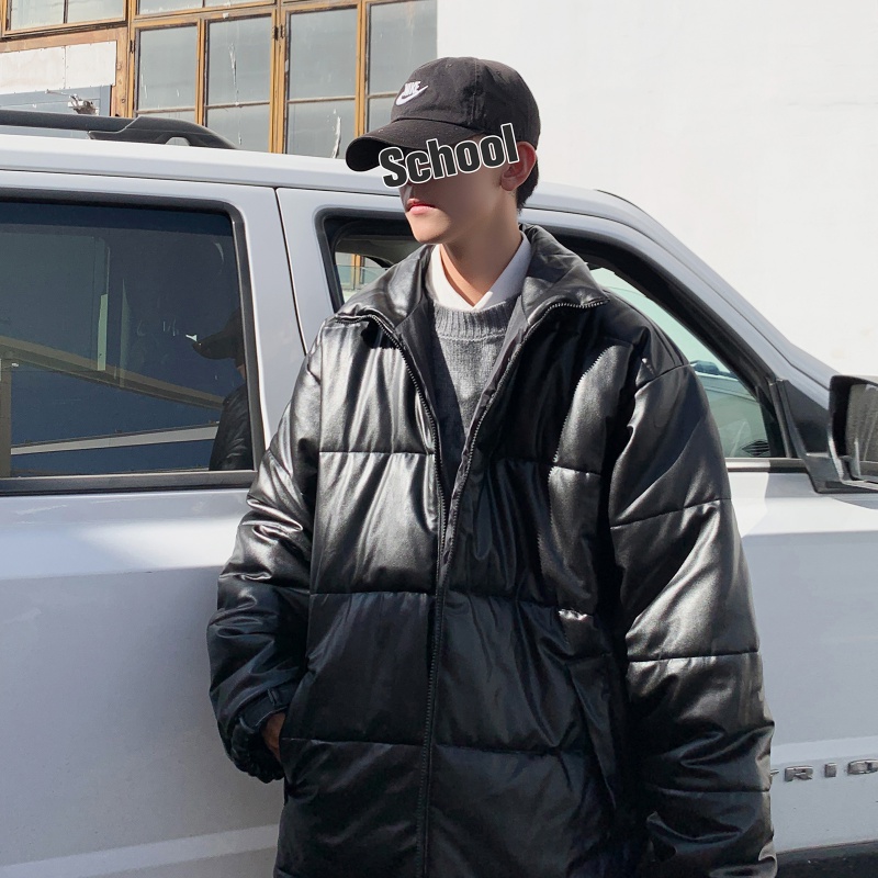 Hong Kong style large leather cotton padded clothes men's loose casual cotton padded clothes winter fashion brand hooded cotton padded jacket