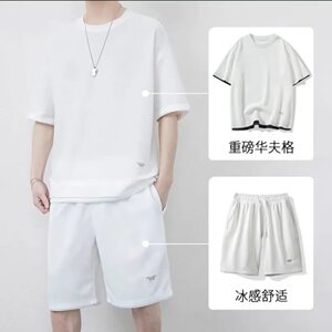 夏季新款青年男士休闲运动套装五分裤潮华夫格套装男大码TZ01-P23图片
