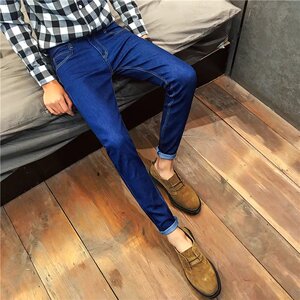 K01-P16主推款男士休闲牛仔裤潮流纯蓝色修身小脚裤长裤子青少年图片