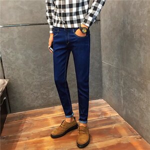 K01-P16主推款男士休闲牛仔裤潮流纯蓝色修身小脚裤长裤子青少年图片