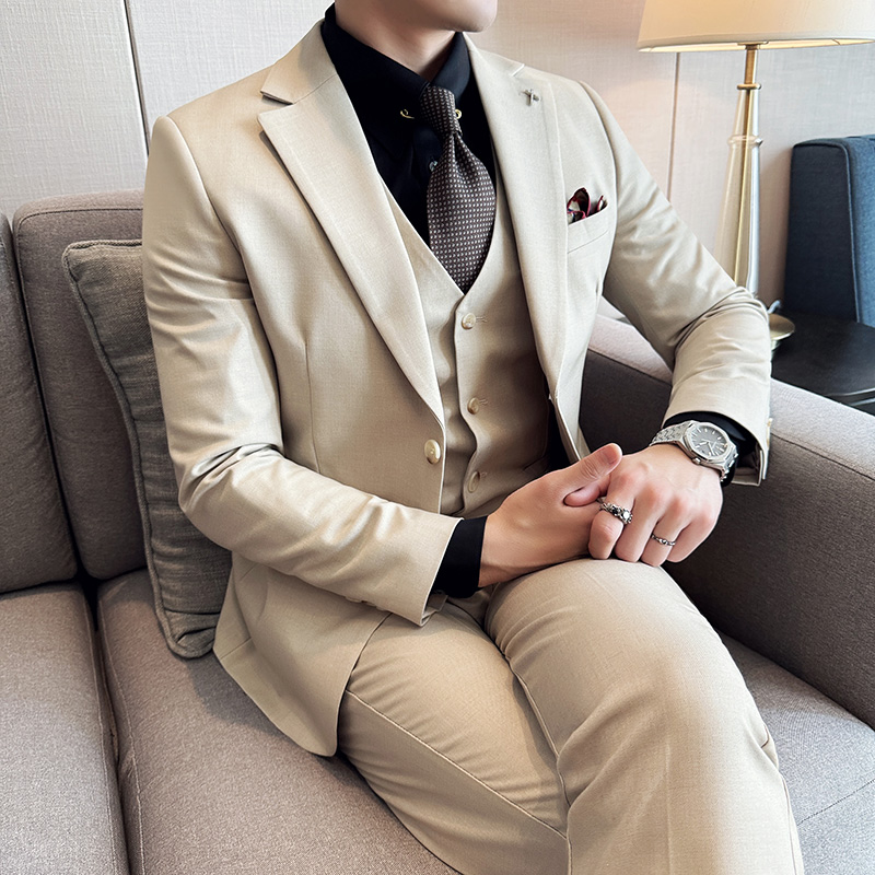 羊毛西服套装男士商务休闲西装三件套新郎结婚礼服杏色SJT87-P300，男装西服套装，电商D326B（原电商D310-1）