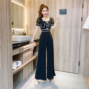 RM18201#夏时尚气质网纱拼接织带撞色洋气单排扣连体裤长裤