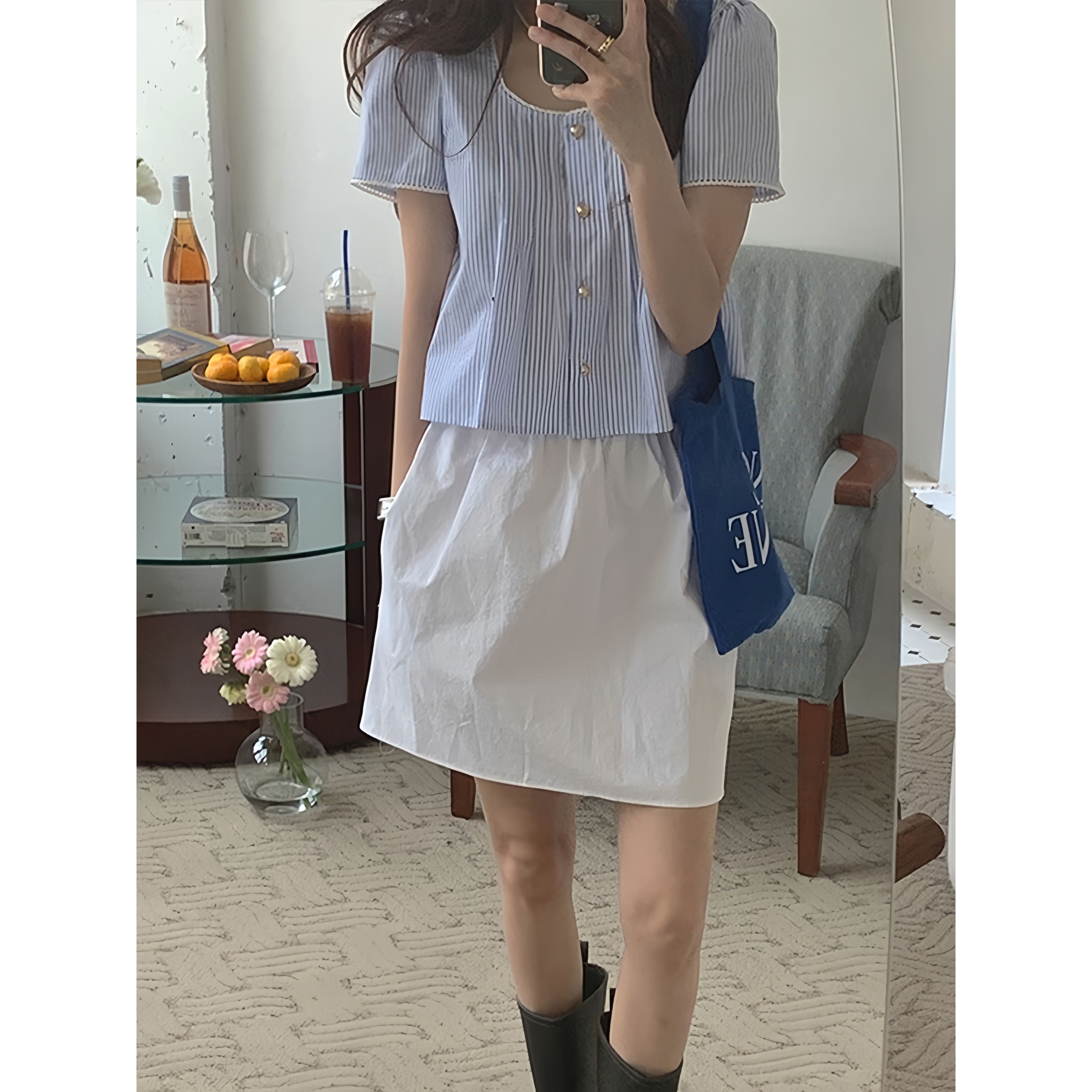 韩国chic夏季减龄复古小众气质温柔甜美少女蓝色条纹花边拼接衬衫