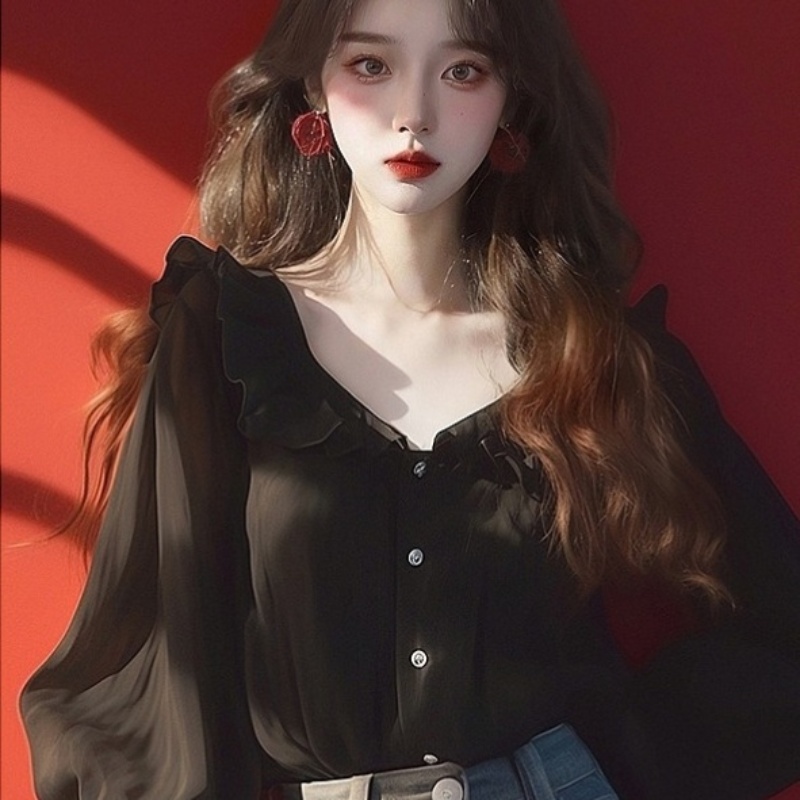 黑色荷叶边雪纺衬衫2025新款独特超好看长袖上衣设计感小众女