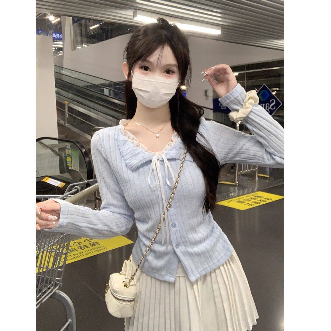 超好看雪花条磨毛纯欲蓝色蕾丝假两件长袖T恤女秋打底衫短款上衣