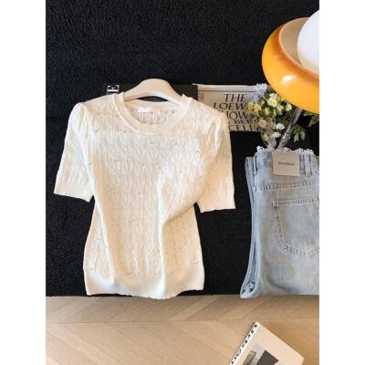 ～2026早春法式温柔重工钉珠圆领镂空针织衫短袖T恤女