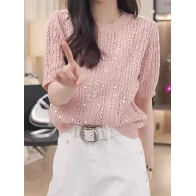 重工亮片镂空圆领针织衫女2025春夏新款高级感温柔风气质短袖上衣