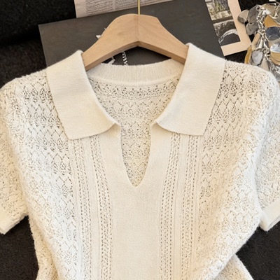 polo领短袖针织衫新款春夏高级感洋气薄款镂空短款百搭上衣