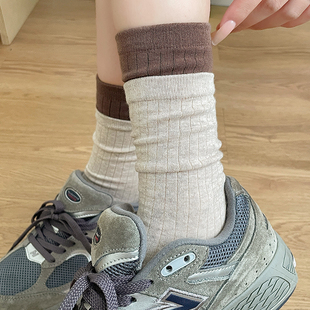 雅丹风袜子女秋冬纯棉双罗口撞色中筒袜ins潮韩国长袜堆堆袜百搭