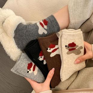 贝雷帽小狗羊毛袜女秋冬加厚保暖中筒袜日系百搭可爱卡通长袜冬天