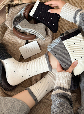 秋冬加厚波点花边中筒袜日系ins长袜保暖堆堆袜灰色棉袜百搭韩版