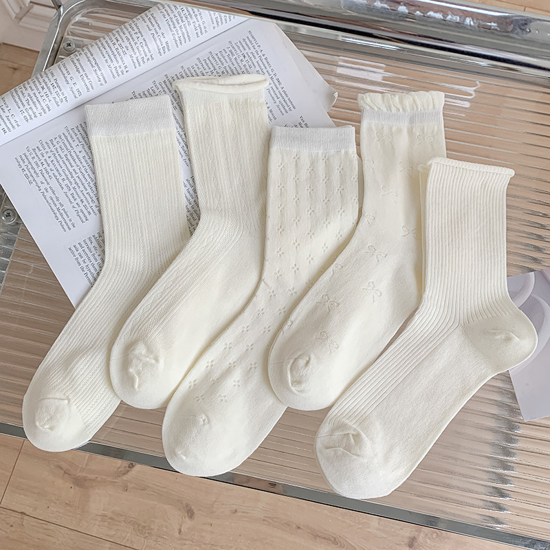 抗起球夏季薄款纯棉奶白色中筒镂空透气芭蕾风堆堆袜百搭韩系长袜 - 实物图