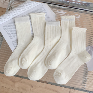 抗起球夏季 纯棉奶白色中筒镂空透气芭蕾风堆堆袜百搭韩系长袜 薄款