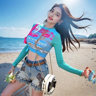 小景家甜酷卡通印花网纱防晒长袖T恤女夏季设计感抽褶修身上衣