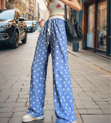 小景家蓝色冰丝垂感字母阔腿裤