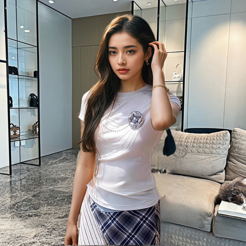 地球店山茶花掐腰显瘦白色短袖t恤女春夏短款修身设计感正肩上衣