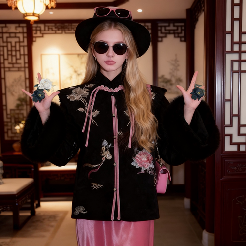 中式国风刺绣白鸭绒保暖羽绒服