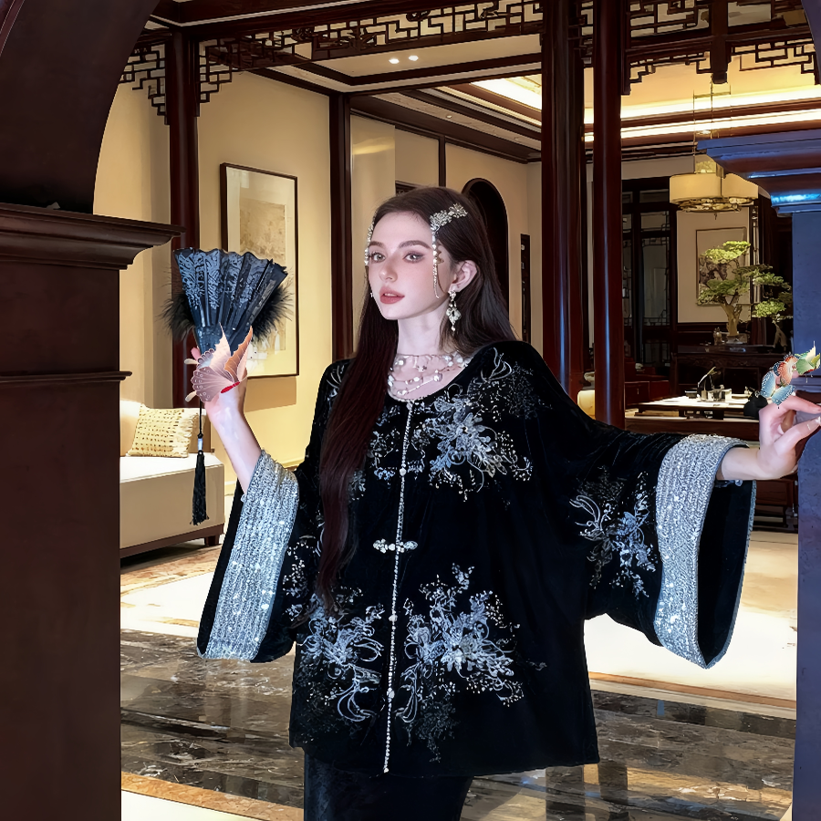 地球店【墨烟秋华】新中式珠绣丝绒外套+蕾丝鱼尾半裙套装女,女装/女士精品,汉服套装,淘宝优惠券,粉丝福利购,淘宝优惠卷