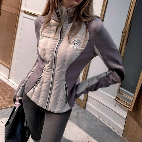 地球店灰色拼接收腰羽绒服外套女