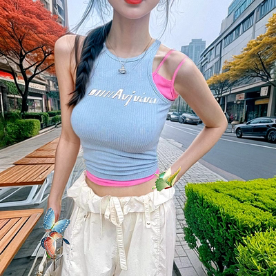 地球店纯欲辣妹假两件撞色吊带