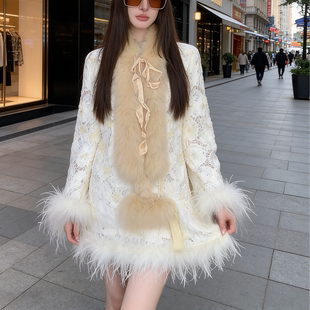 地球店「雪绒花」新中式国风棉质重工蕾丝镂空上衣短裙套装