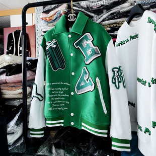 地球店重工毛巾绣绿色vintage棒球服秋季 潮宽松休闲运动外套