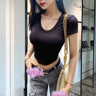 地球店纯色无图案v领自带胸垫可拆卸简约修身 T恤上衣女 百搭短袖