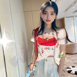 地球店白色宽松前片挖洞设计感小众上衣红色修身烫钻背心两件套装
