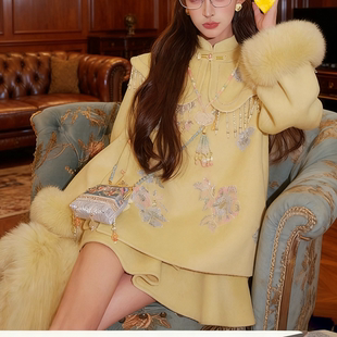 地球店「月锦芳华」冬季新中式国风宽松绵羊毛双面呢大衣套装