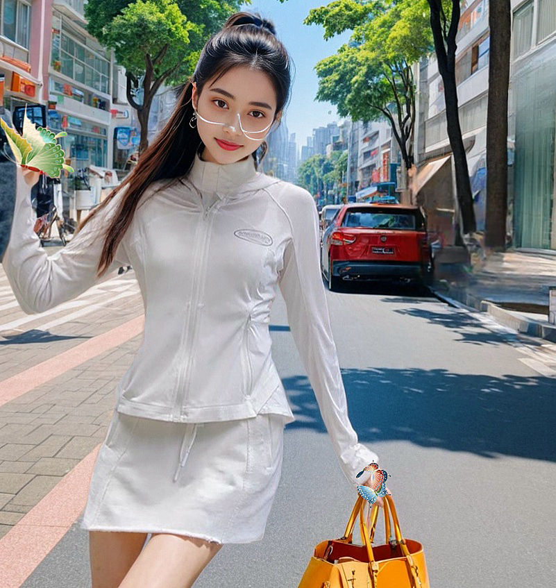地球店白色拼接冰丝透气防晒衣女