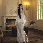 地球店【花涧绣】新中式重工蕾丝珠绣斜襟马甲+鱼尾半身裙