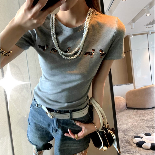 地球店珍珠链条短袖T恤女夏上衣