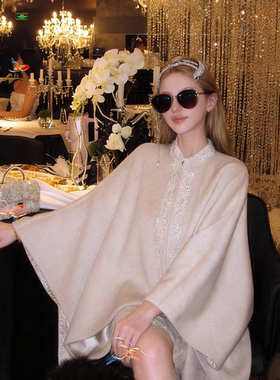 地球店【晚秋清霜】冬季法式水钻拼接金丝羊毛呢外套女