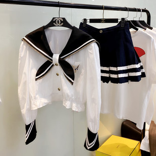 女秋季 两件套套装 A字百褶短裙 活力减龄海军领泡泡衬衫 地球店