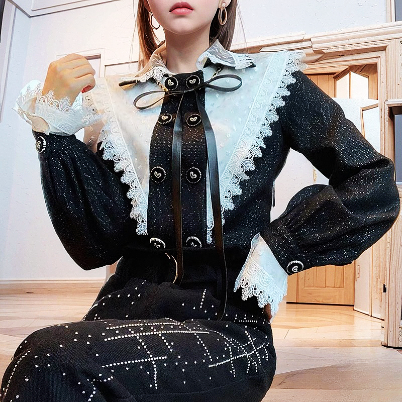 地球店 黑色郝本风小翻领上衣女春法式宫廷风灯笼袖衬衫