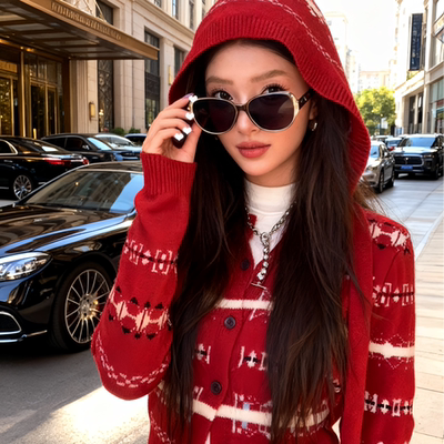 地球店新款红色圣诞提花上衣外套