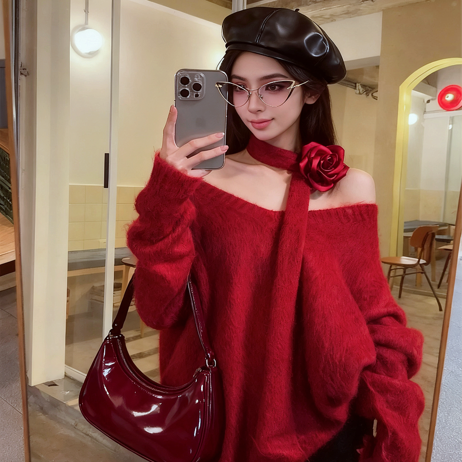 地球店秋冬国风中式红色圣诞毛衣