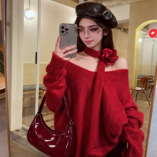 地球店【红绫梦】秋冬国风新中式红色圣诞毛衣羊驼毛上衣女
