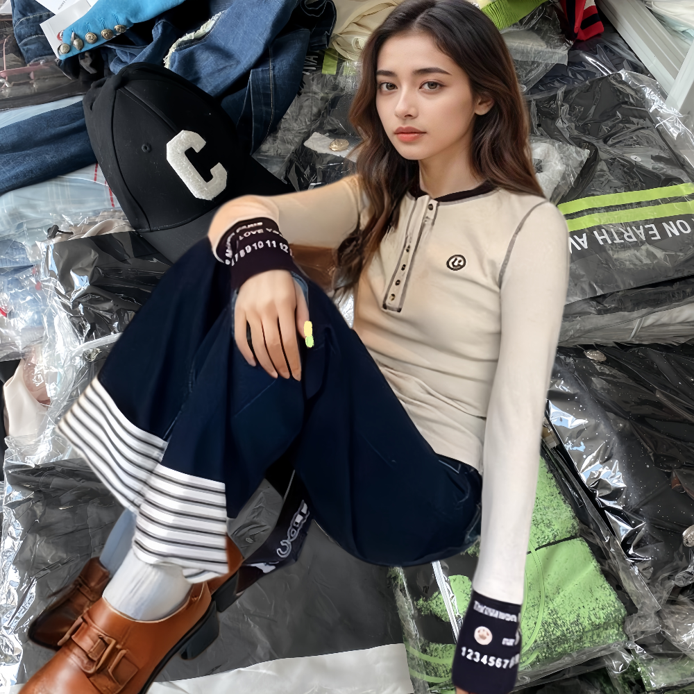 地球店撞色千金miu系刺绣针织上衣独特绝美秋季长袖修身打底衫女