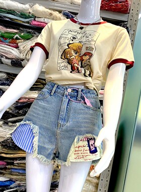 【地球店】浅蓝色洗水做旧显腿长阔腿裤女夏高腰设计感A字牛仔裤