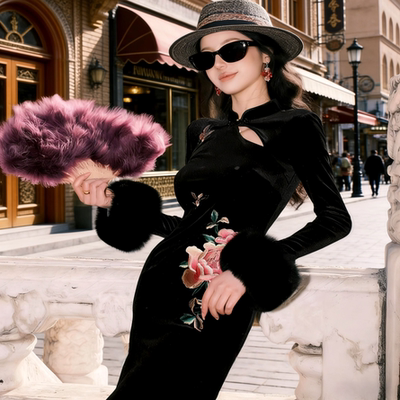 新中式定制绣花丝绒旗袍连衣裙女