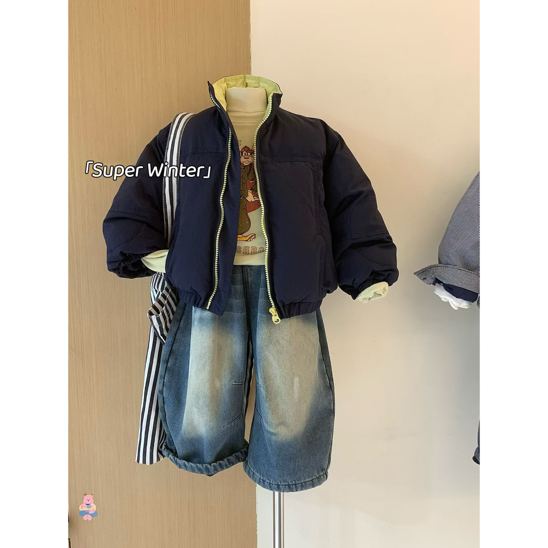 男童冬季新款韩版时尚加厚棉服上衣保暖夹克外套水洗加绒牛仔裤潮