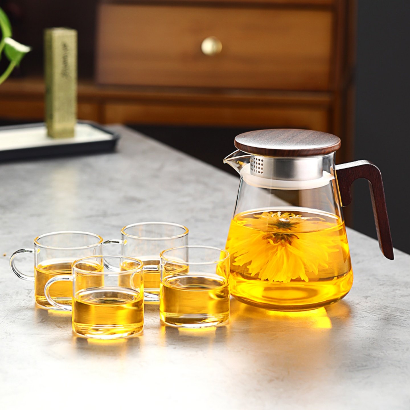 耐热玻璃泡茶壶煮茶壶胡桃木把新中式茶壶茶具套装简约实用大方,餐饮具,茶壶,淘宝优惠券,粉丝福利购,淘宝优惠卷