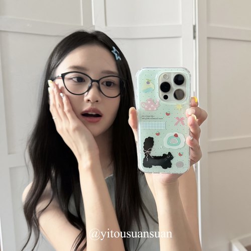 韩系ins可爱夏日薄荷绿小黑猫卡通插画双层印花手机壳iPhone17promax全包边16苹果15防摔14保护套